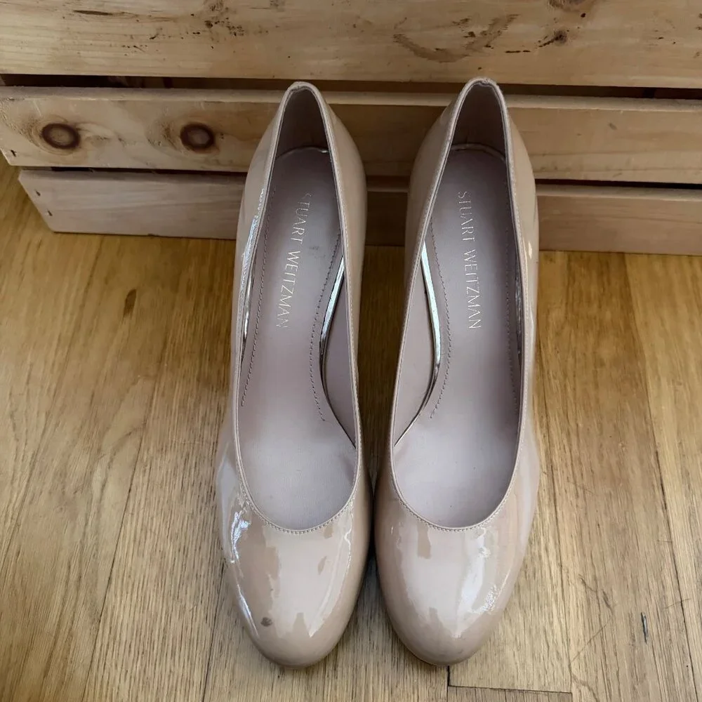 Stuart Weitzman Size 9M Nude Beige Patent Leather Round Toe Stiletto Heel Pumps - Picture 2 of 16